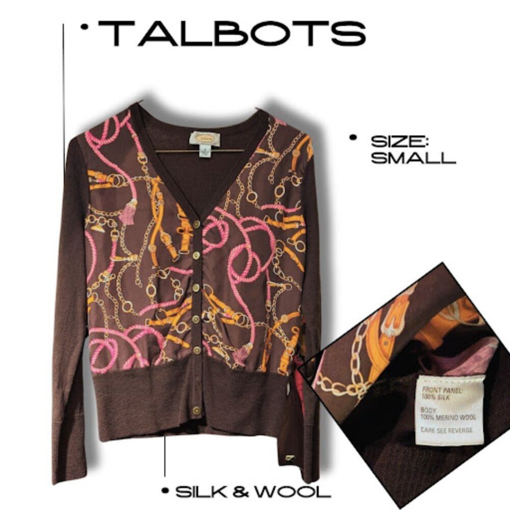 Talbots Silk & Wool Cardigan - Equestrian Print Size Small - Luxury